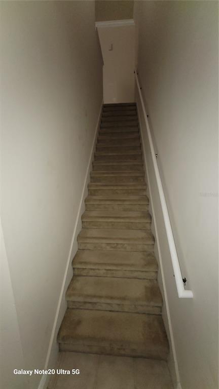A narrow staircase with carpeted steps and a white handrail leads to an upper level — 430 SOUTHERN PECAN CIRCLE UNIT 203, WINTER GARDEN, FL