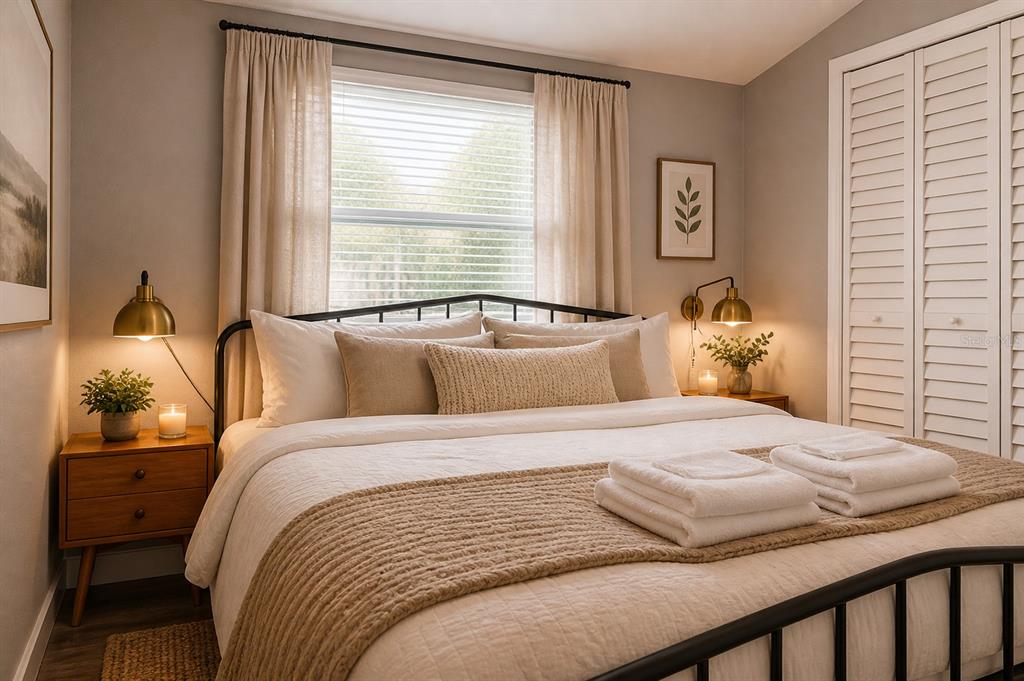 A bedroom features a bed with neutral bedding, two wooden nightstands, and white louvered closet doors — 1000 8TH AVENUE SW, LARGO, FL
