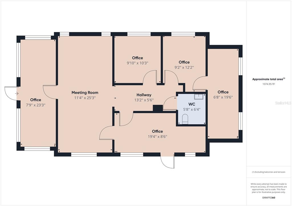 This floor plan shows a commercial office layout with a meeting room, five offices, and a restroom — 334 1ST STREET S, WINTER HAVEN, FL