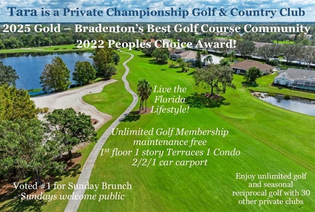 An aerial view shows a golf course with a lake and nearby residential buildings — 6501 STONE RIVER ROAD UNIT 110, BRADENTON, FL