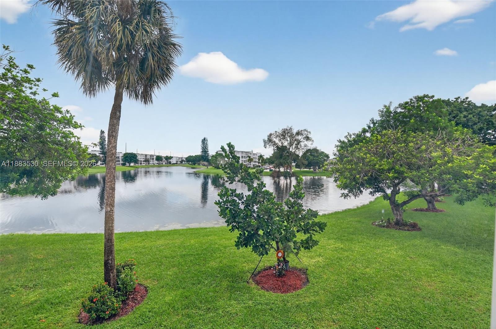 A view of a grassy lawn, trees, and a lake with apartment buildings in the distance — 2009 N Farnham  N # 2009, Deerfield Beach FL 33442, DEERFIELD BEACH, FL