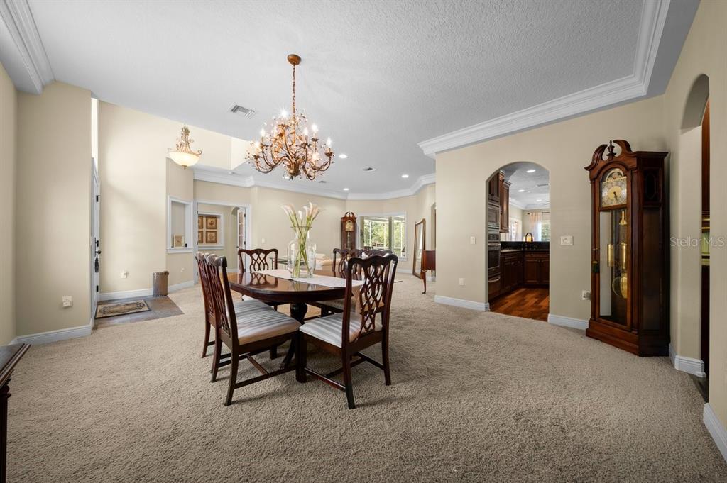 A dining area with a chandelier, carpeted floors, and an arched entryway to the kitchen — 1251 MAGNOLIA FARMS COURT, EUSTIS, FL