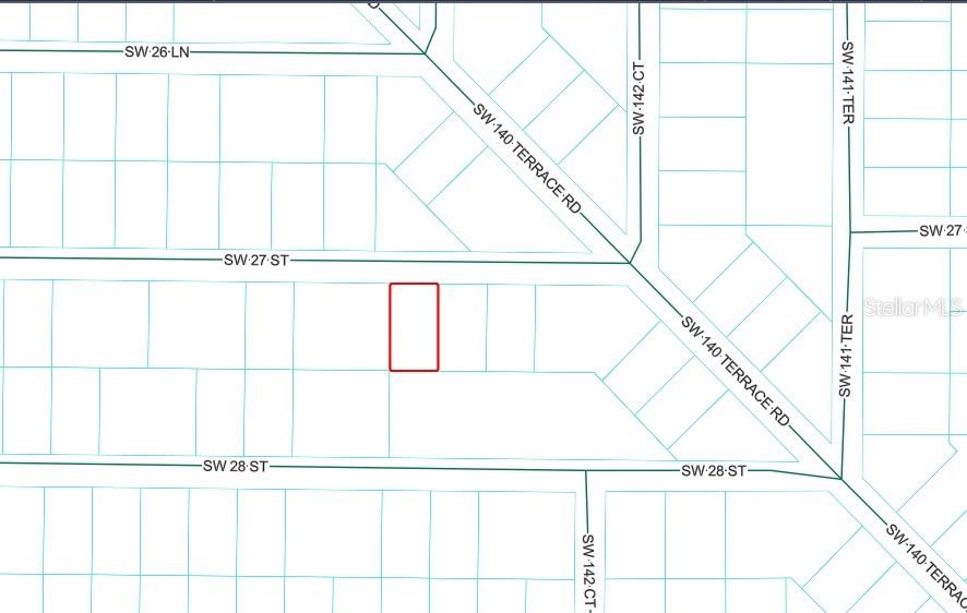 This is a map showing a rectangular property lot highlighted in red — TBD SW 27 STREET, OCALA, FL