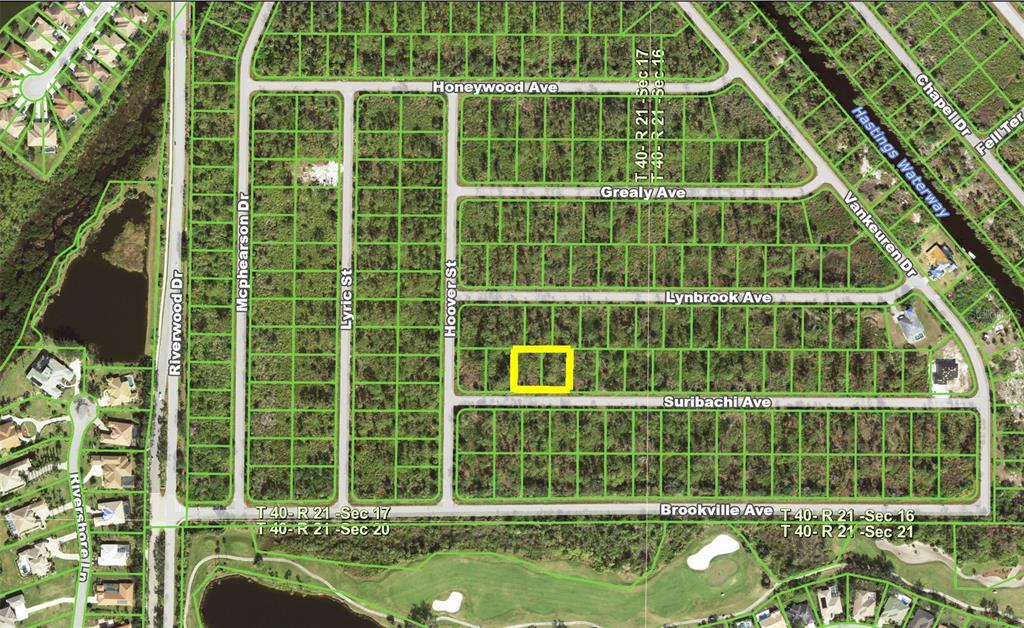 This is a map showing a highlighted vacant lot in a residential neighborhood — 13494&13502 SURIBACHI AVENUE, PORT CHARLOTTE, FL