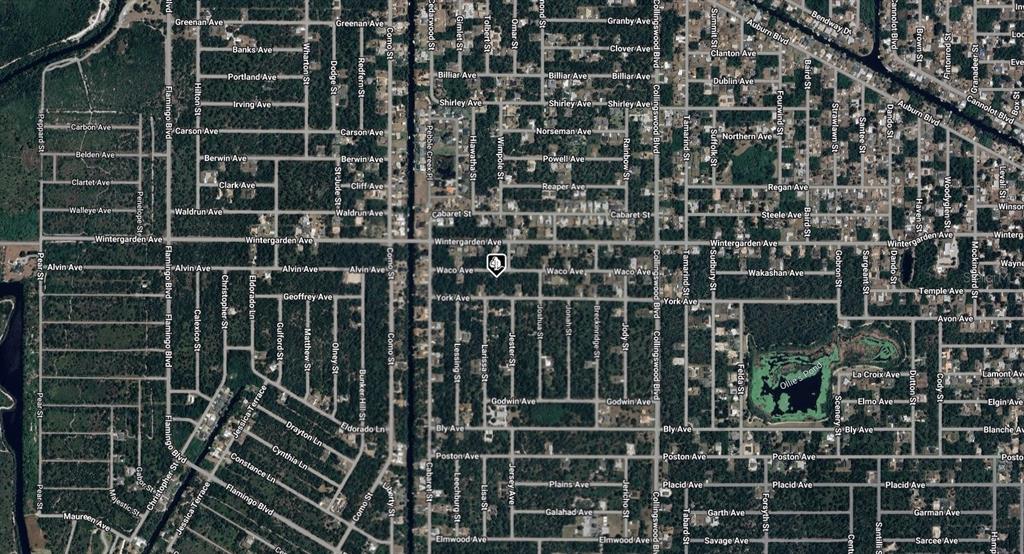 This is a satellite map view of a residential neighborhood with a grid of streets — 17359 WACO AVENUE, PORT CHARLOTTE, FL