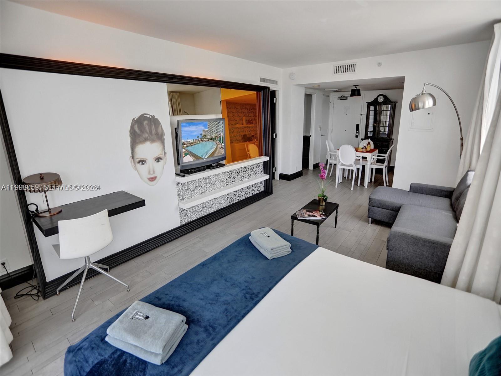 A hotel room features a bed, a desk, a sofa, and a dining area — 1100 West Ave # 1101, Miami Beach FL 33139, MIAMI BEACH, FL