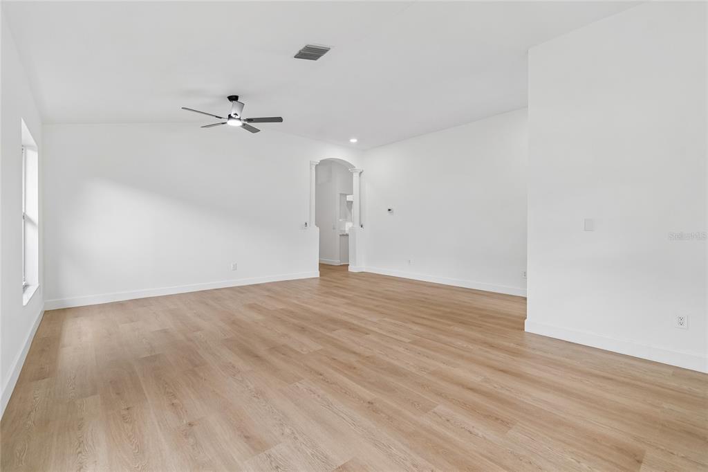 An empty living room features light wood-look flooring, white walls, and a ceiling fan — 3041 BEAVER POND TRAIL, VALRICO, FL