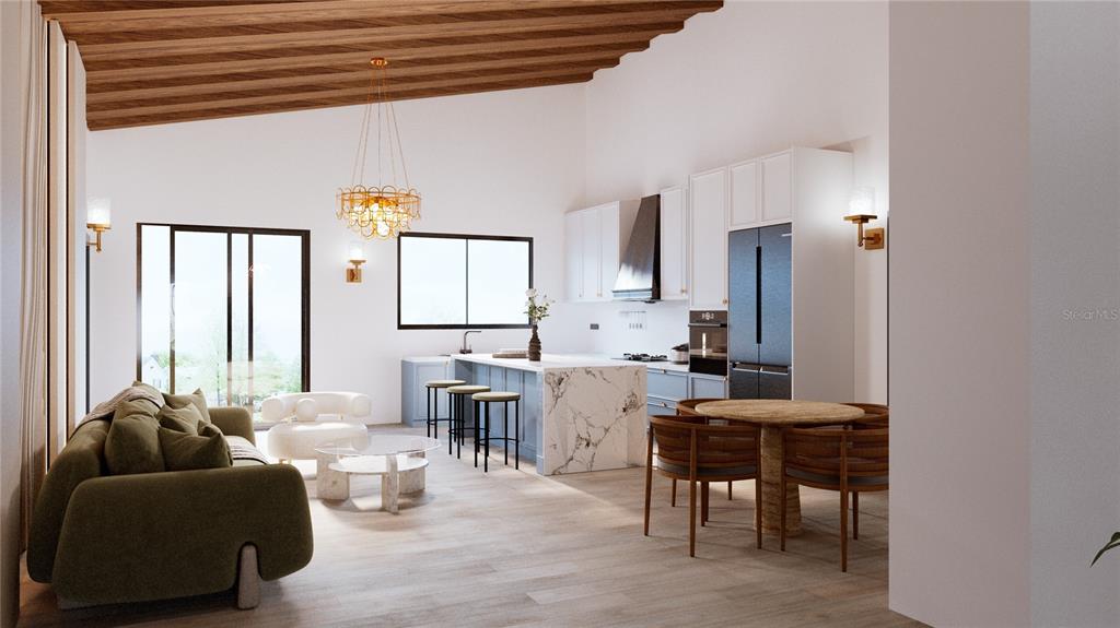 This rendering shows an open-concept kitchen and living area with a marble island and wood-beamed ceiling — TBD SW 9TH PLACE, OCALA, FL