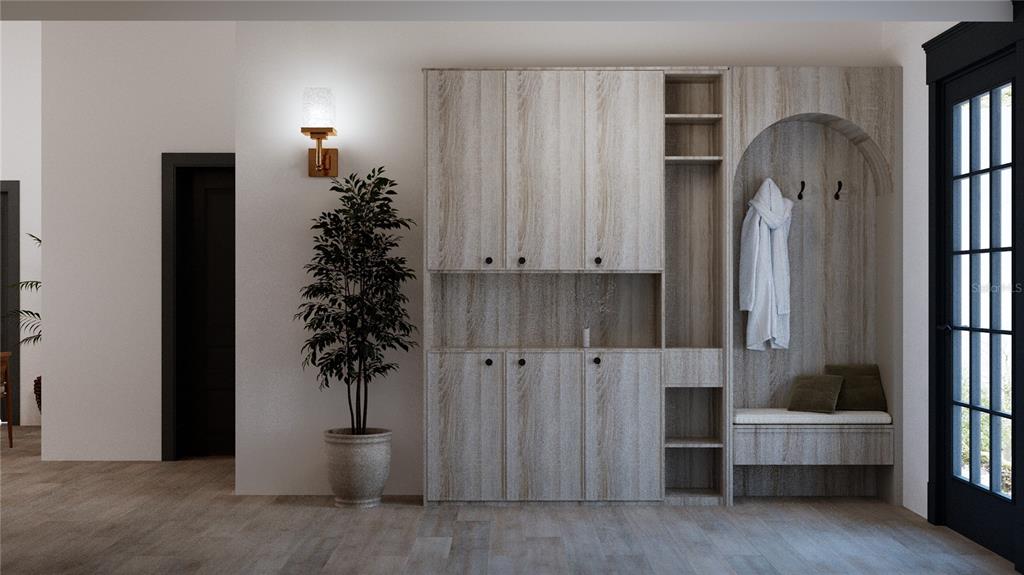 This rendering shows a mudroom with light wood cabinetry, an arched bench, and a potted plant — TBD SW 9TH PLACE, OCALA, FL
