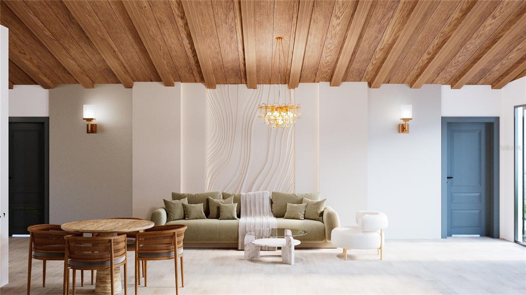 This rendering shows a living room with a wood-beamed ceiling and a textured accent wall — TBD SW 9TH PLACE, OCALA, FL