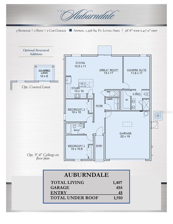 This is a floor plan for a three-bedroom, two-bathroom house named The Auburndale — 4121 PENELOPE AVENUE, LAKE WALES, FL