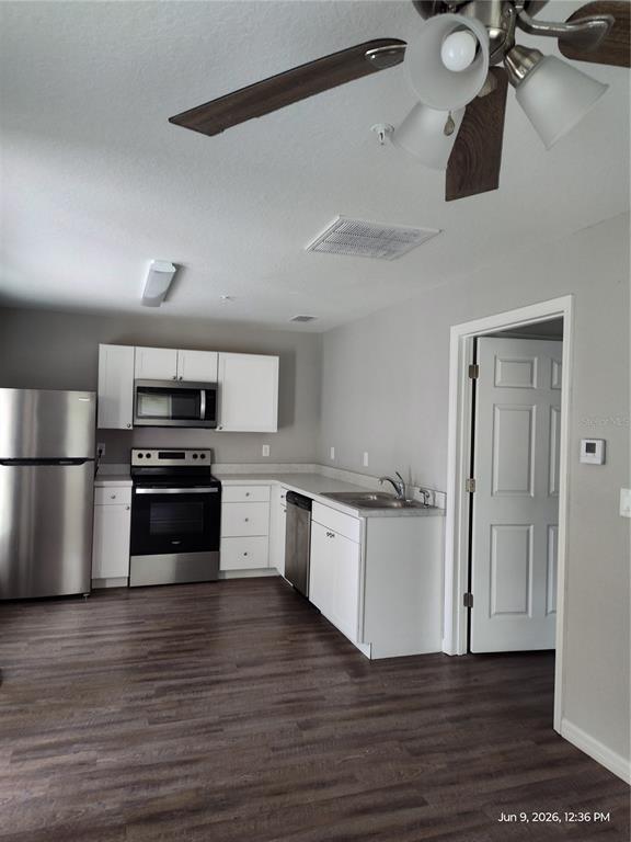 A kitchen features white cabinets, stainless steel appliances, and dark wood-look flooring — 5580 NE 35TH STREET, SILVER SPRINGS, FL