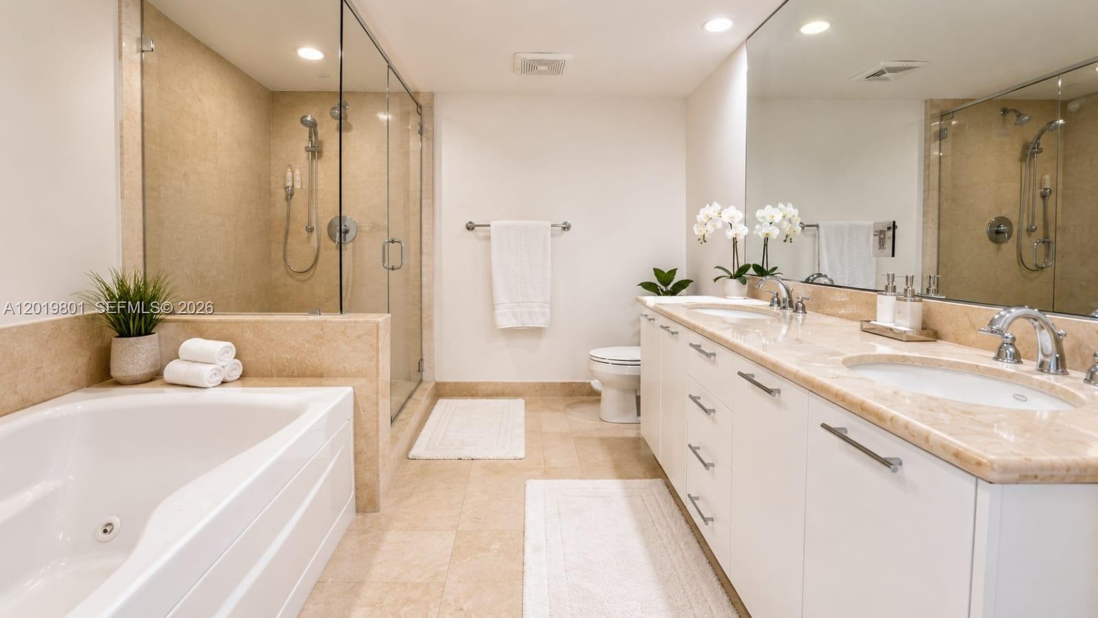 A bathroom features a white vanity with a marble countertop, a soaking tub, and shower — 50 Biscayne Blvd # 4106, Miami FL 33132, MIAMI, FL