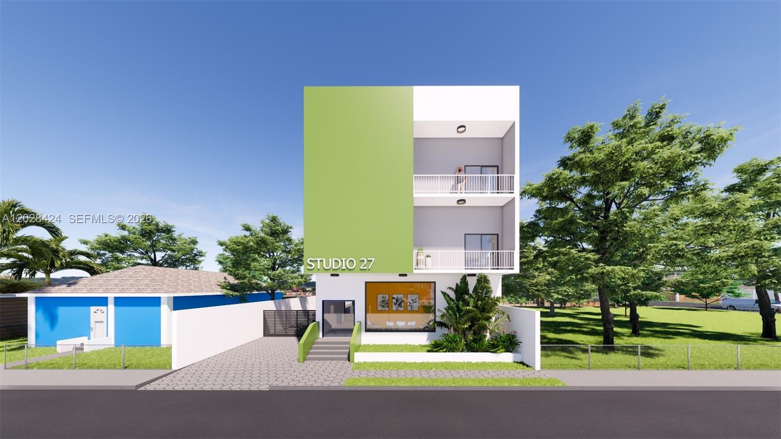 A digital rendering shows the exterior of a modern three-story building with a green facade — 5927 NW 1st Ave, Miami FL 33127, MIAMI, FL