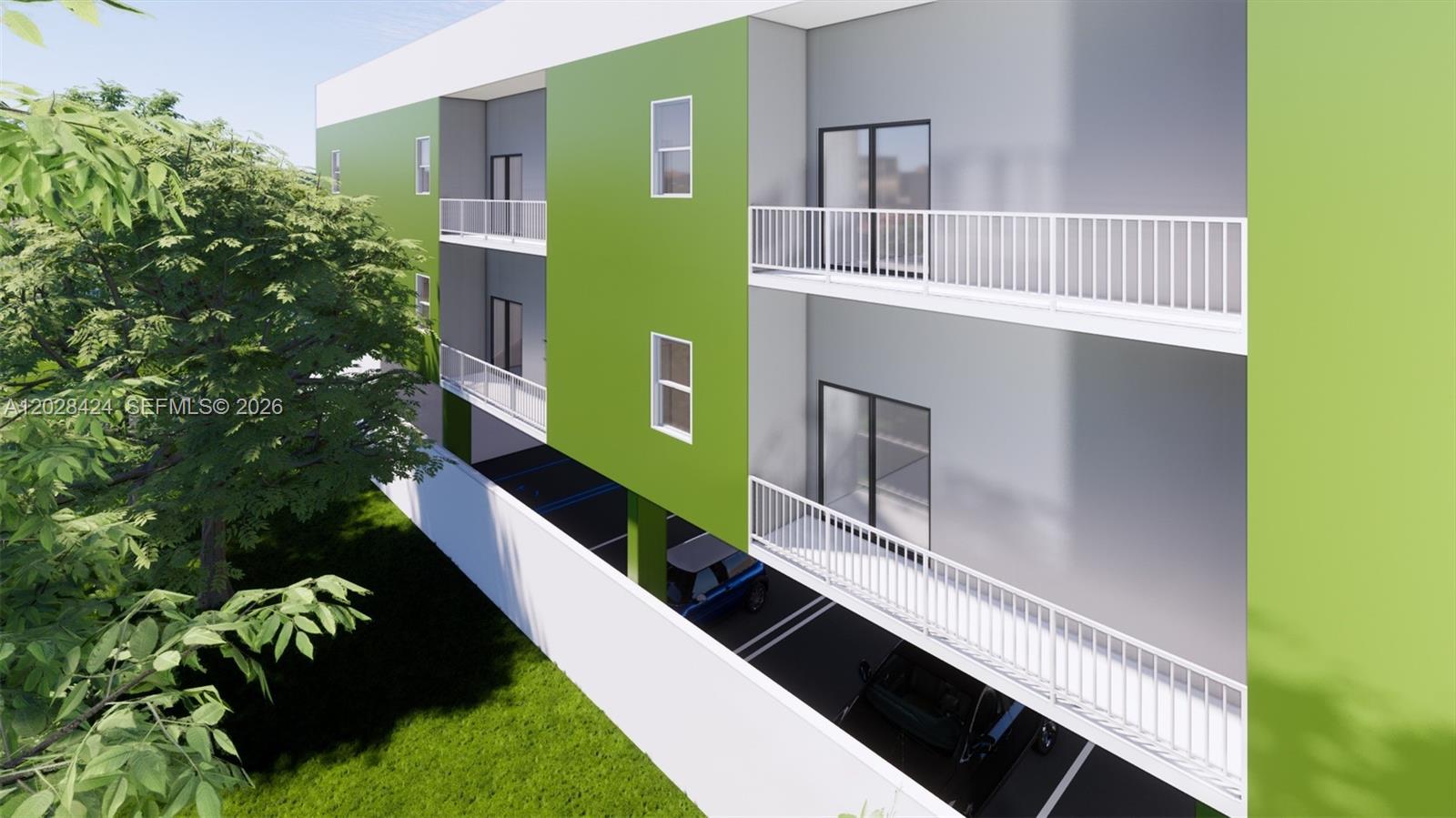 This is a rendering of a modern apartment building exterior with balconies and covered parking — 5927 NW 1st Ave, Miami FL 33127, MIAMI, FL