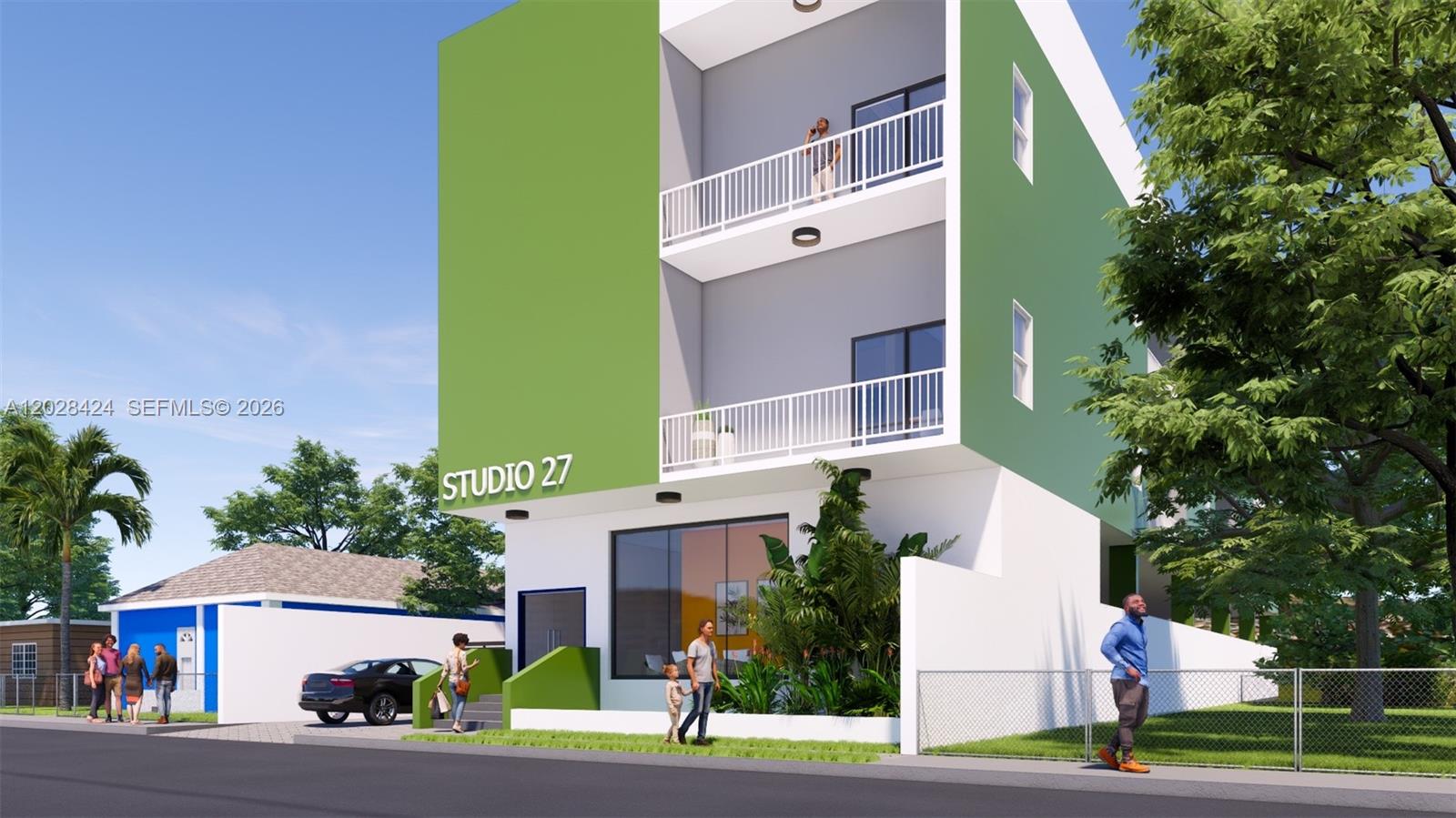 This is a digital architectural rendering of a three-story modern building with green accents — 5927 NW 1st Ave, Miami FL 33127, MIAMI, FL