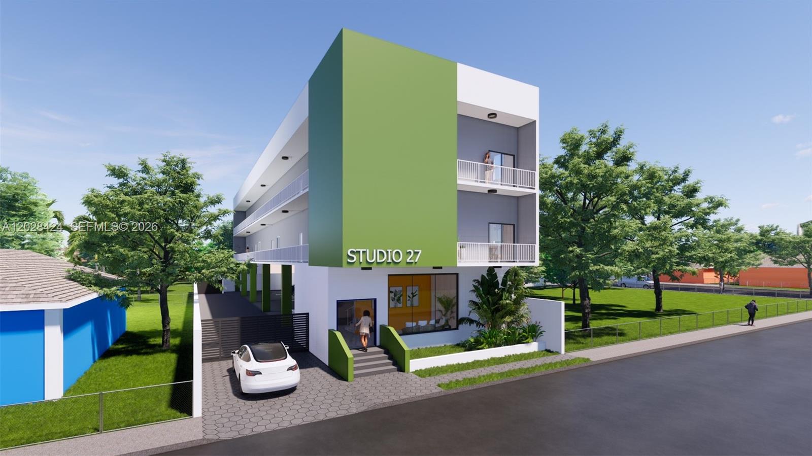 This is a digital rendering of a modern three-story apartment building with green accents — 5927 NW 1st Ave, Miami FL 33127, MIAMI, FL