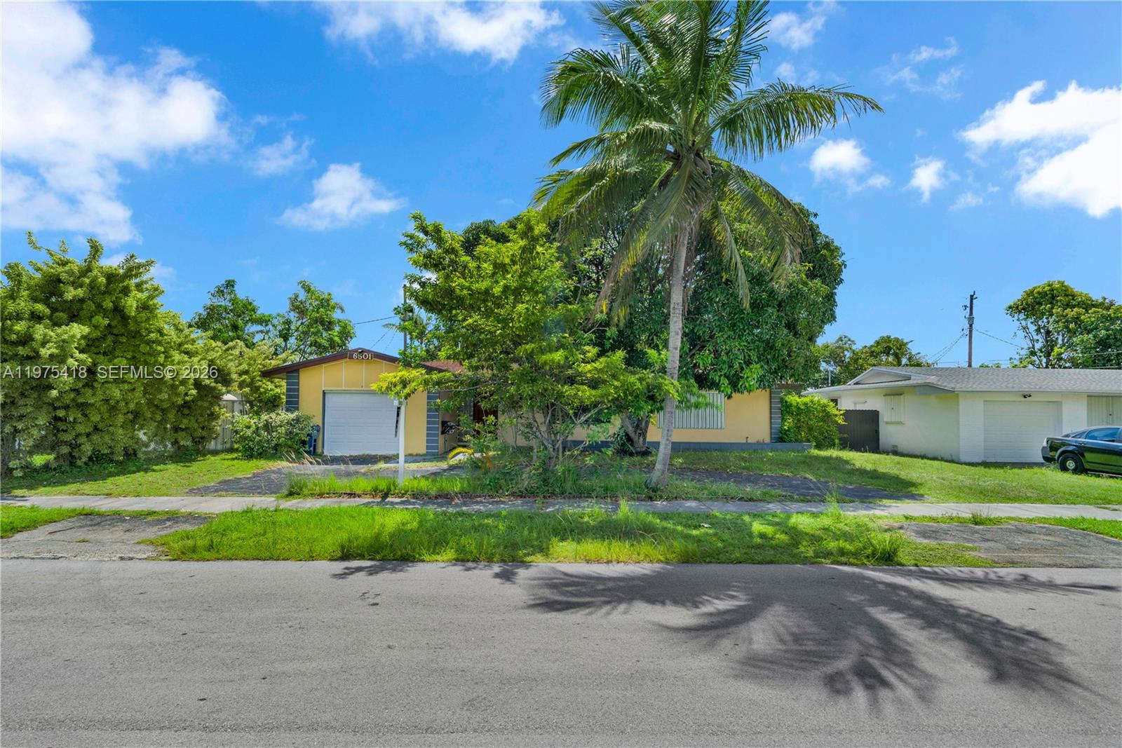 A yellow single-story house with a garage and a large palm tree in the yard — 16501 SW 102nd Ct, Miami FL 33157, MIAMI, FL