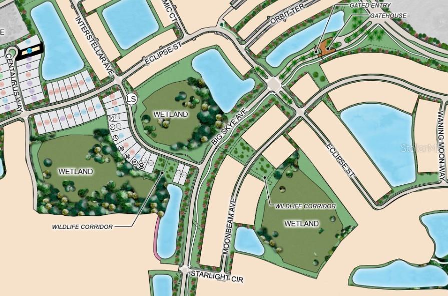 This is a site plan rendering showing residential lots, streets, wetlands, and wildlife corridors — 7804 CENTAURUS WAY, SARASOTA, FL