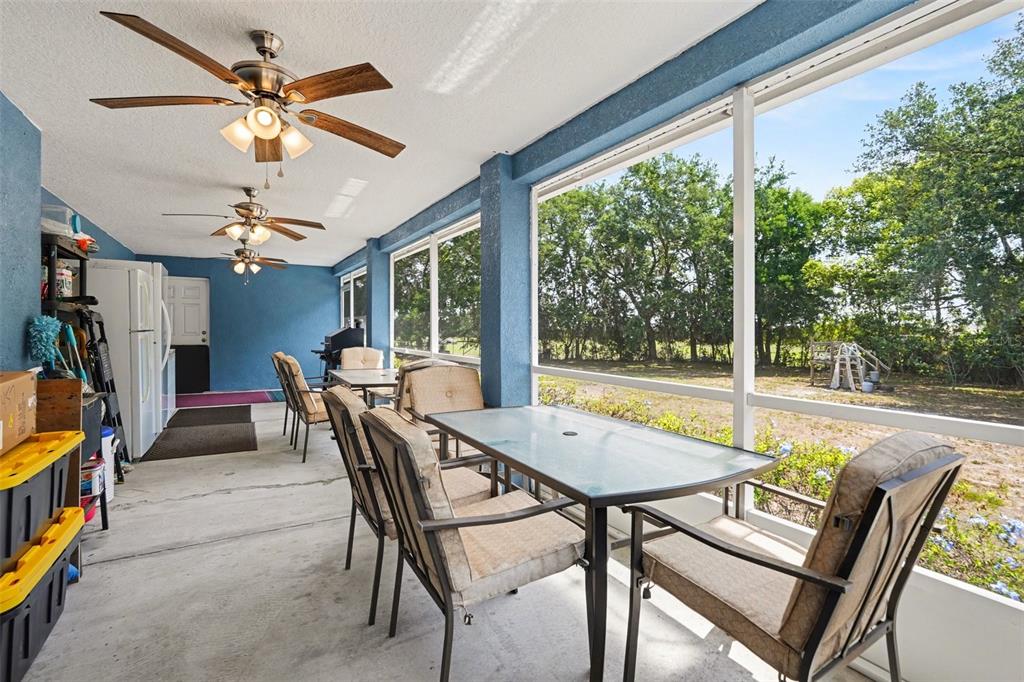 A screened-in patio features blue walls, concrete flooring, ceiling fans, and outdoor dining furniture — 3147 SYDNEY DOVER ROAD, DOVER, FL