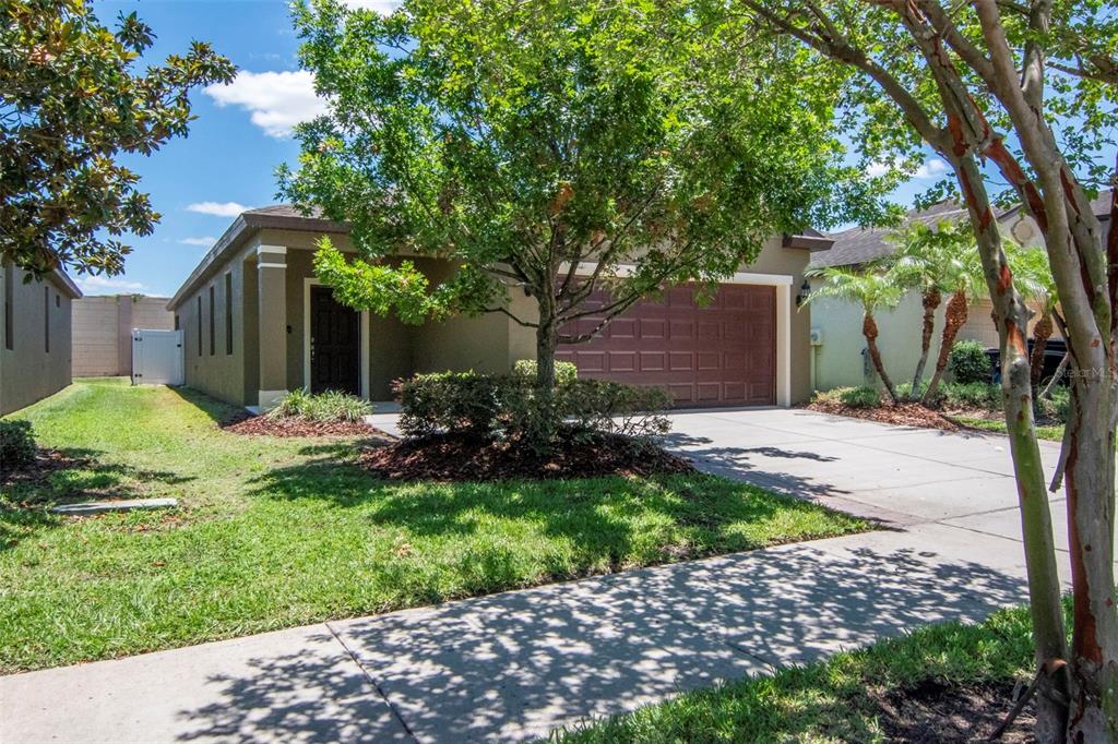 A single-story house with a brown exterior, a two-car garage, and a front yard tree — 6108 MAGNOLIA PARK BOULEVARD, RIVERVIEW, FL