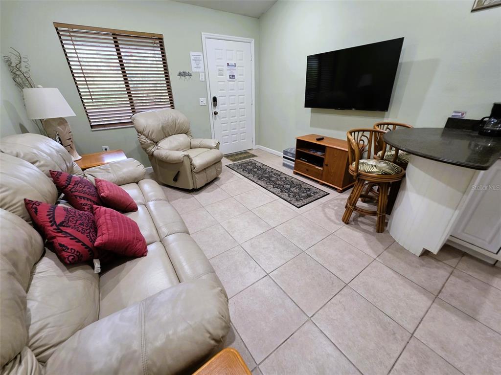 A living room features tile flooring, a leather sofa, a recliner, and a wall-mounted television — 20857 HAULOVER COVE UNIT B12, LUTZ, FL
