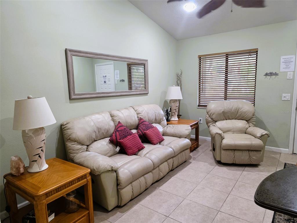A living room features a beige leather sofa and recliner, wooden end tables, and a mirror — 20857 HAULOVER COVE UNIT B12, LUTZ, FL