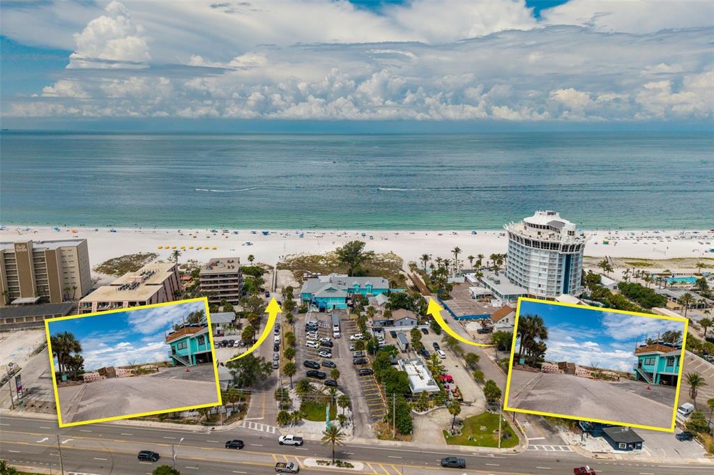 An aerial view shows a beachside property with two inset photos of wooden beach access paths — 216 PUNTA VISTA DRIVE, ST PETE BEACH, FL
