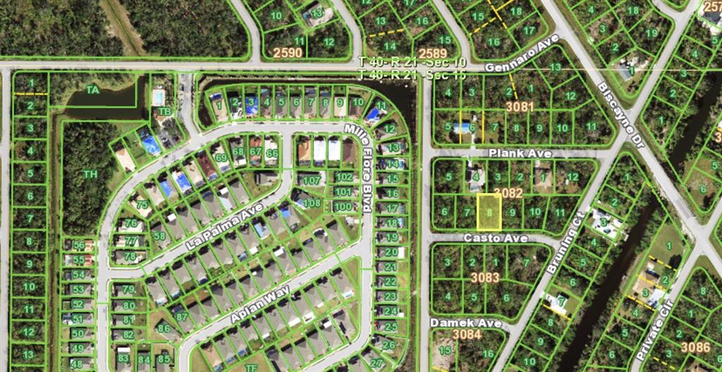 This is an aerial map showing residential lots and streets in a suburban neighborhood — 15292 CASTO AVENUE, PORT CHARLOTTE, FL