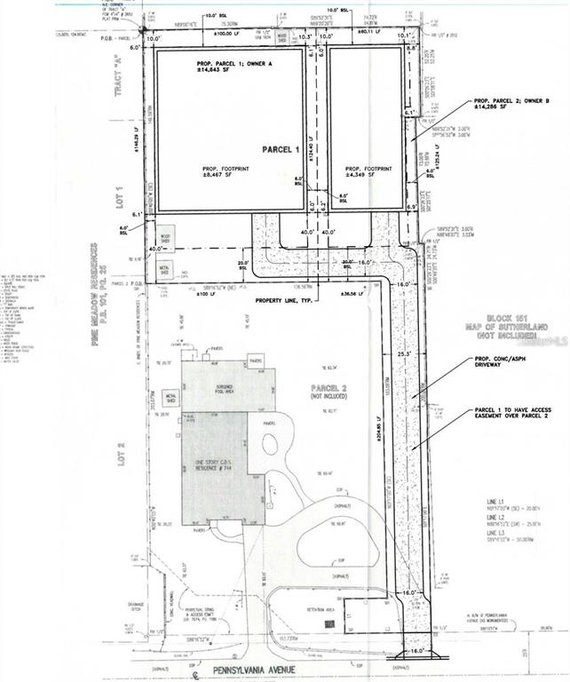 This is a land survey map showing a proposed subdivision of a residential property — 0 PENNSYLVANIA AVENUE, PALM HARBOR, FL