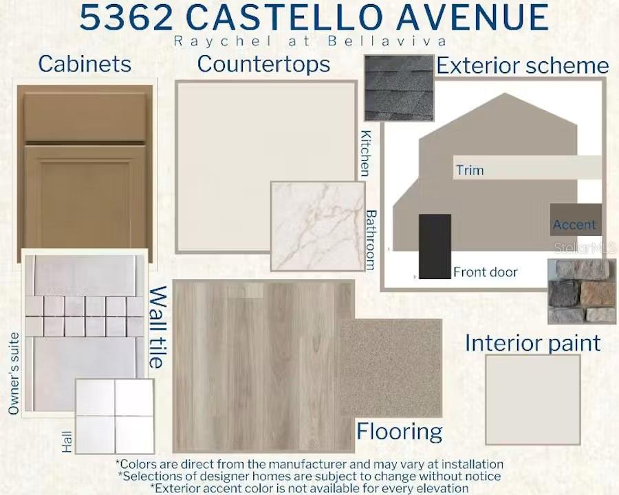 This design board displays interior and exterior finish samples including cabinetry, countertops, flooring, and paint — 5362 CASTELLO AVENUE, AUBURNDALE, FL