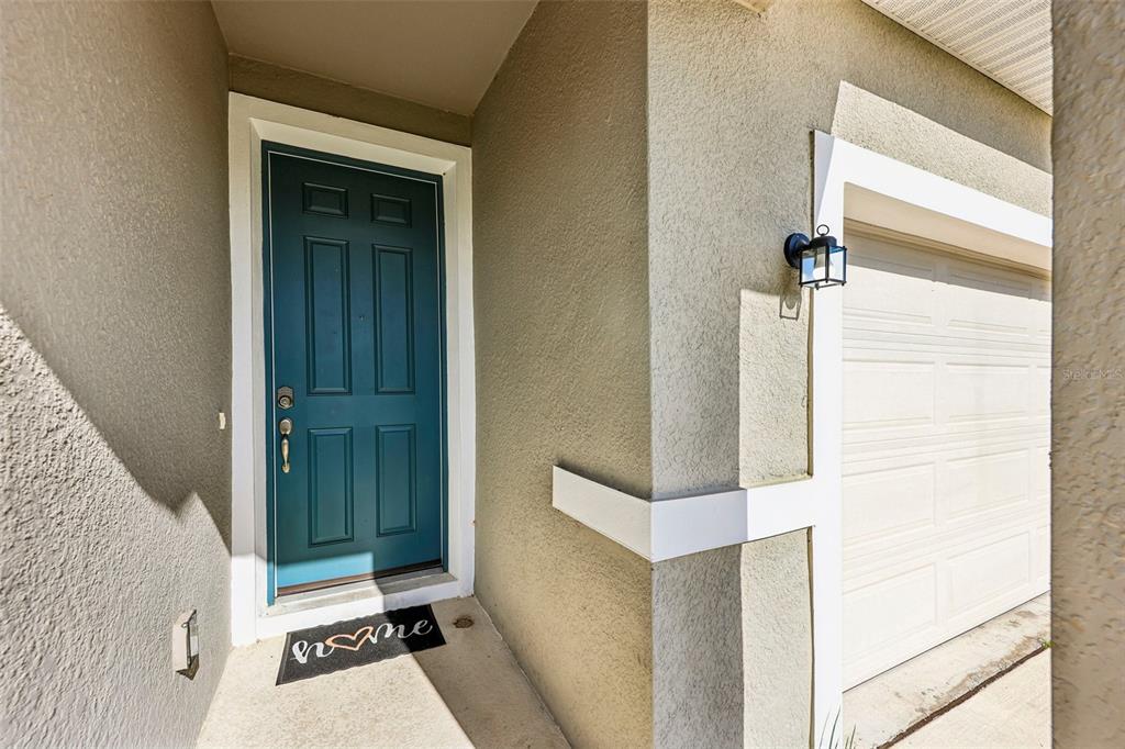 A teal front door with a welcome mat sits next to a white garage door — 31719 BROADWATER AVENUE, LEESBURG, FL