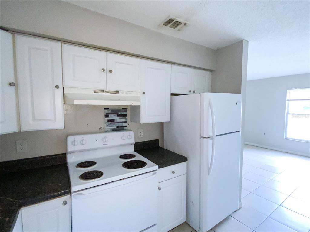 A kitchen features white cabinets, a white stove, a white refrigerator, and dark countertops — 2205 IRENE STREET UNIT 4, LUTZ, FL