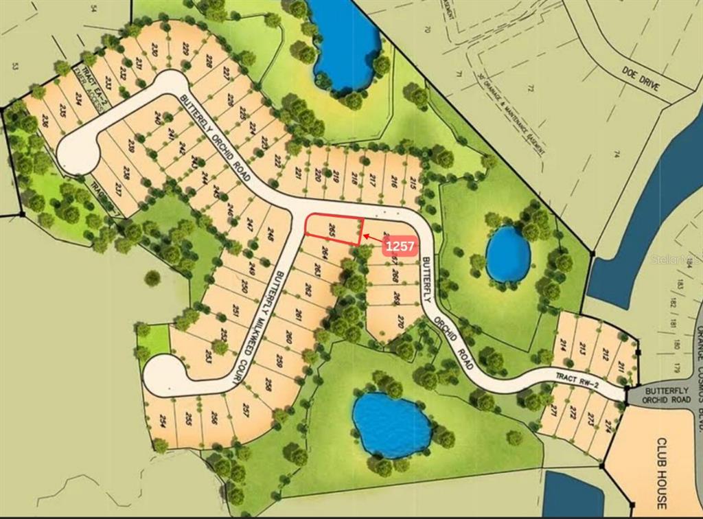 This is a site plan map showing residential lots and roads in a housing development — 1257 BUTTERFLY ORCHID ROAD, DAVENPORT, FL