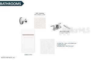 This is a design board rendering showing bathroom finishes including white cabinetry, countertops, tile, and fixtures — 345 FISHTAIL PLACE, PALM COAST, FL