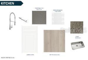 This is a digital rendering of kitchen finish selections including cabinetry, countertops, flooring, and fixtures — 345 FISHTAIL PLACE, PALM COAST, FL