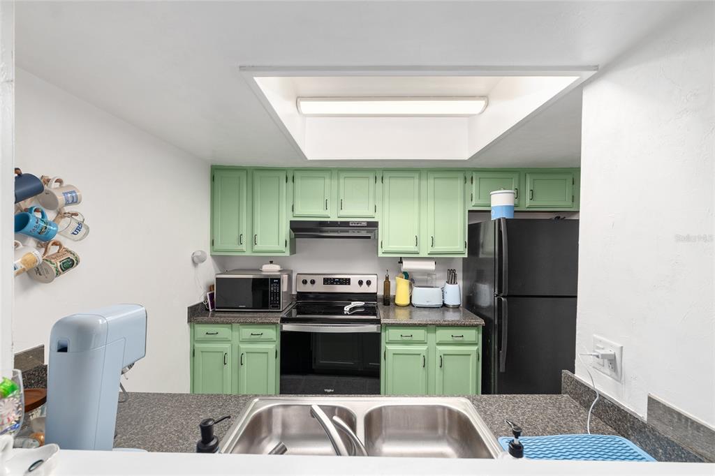 A kitchen features light green cabinets, black appliances, and a double-basin sink on the counter — 900 SW 62ND BOULEVARD UNIT D24, GAINESVILLE, FL