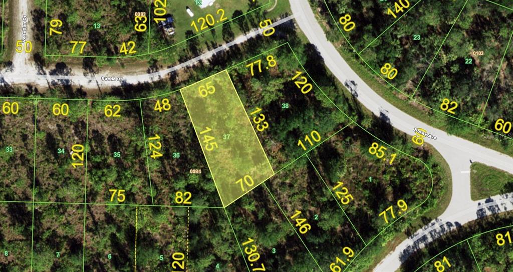 This is an aerial map showing property lot lines and dimensions for a residential area — 27149 SUEDE DRIVE, PUNTA GORDA, FL