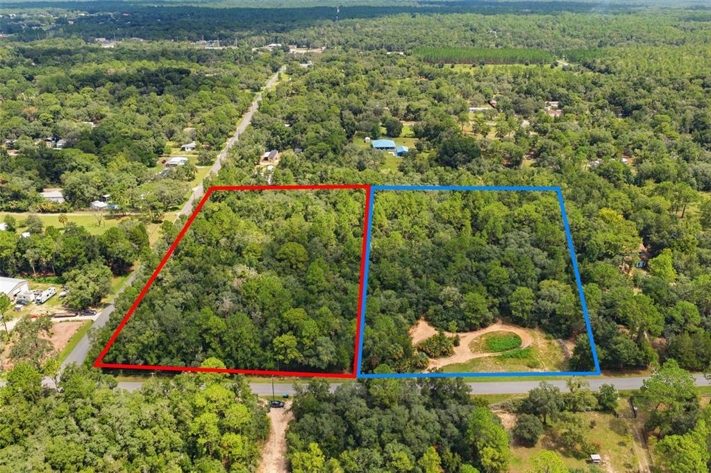 An aerial view shows two adjacent wooded lots outlined in red and blue along a road — 1295 E RAY STREET, HERNANDO, FL