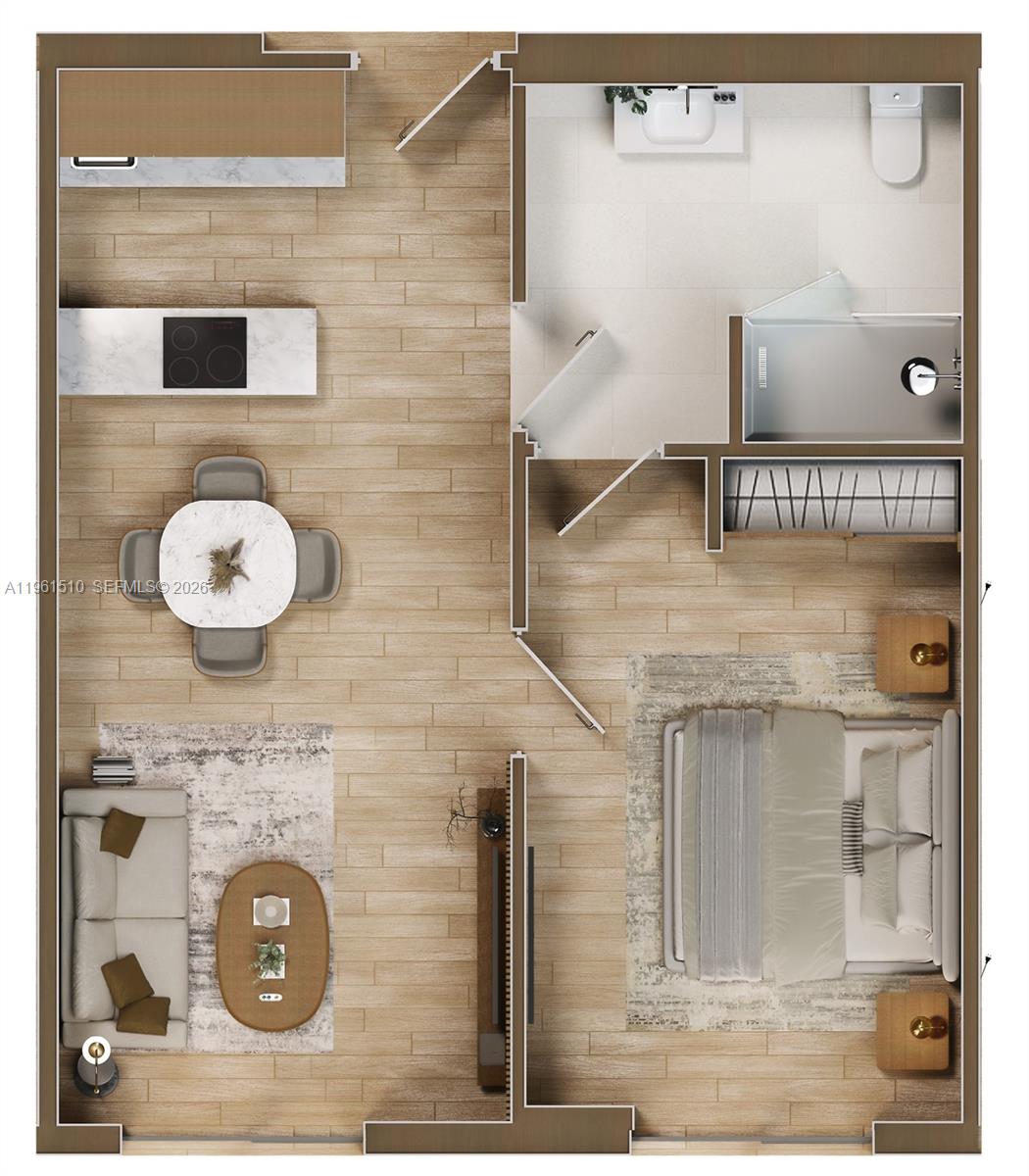 This is a floor plan rendering of a one-bedroom apartment with an open-concept living area — 1136 SW 3rd Ave # 609, Miami FL 33130, MIAMI, FL