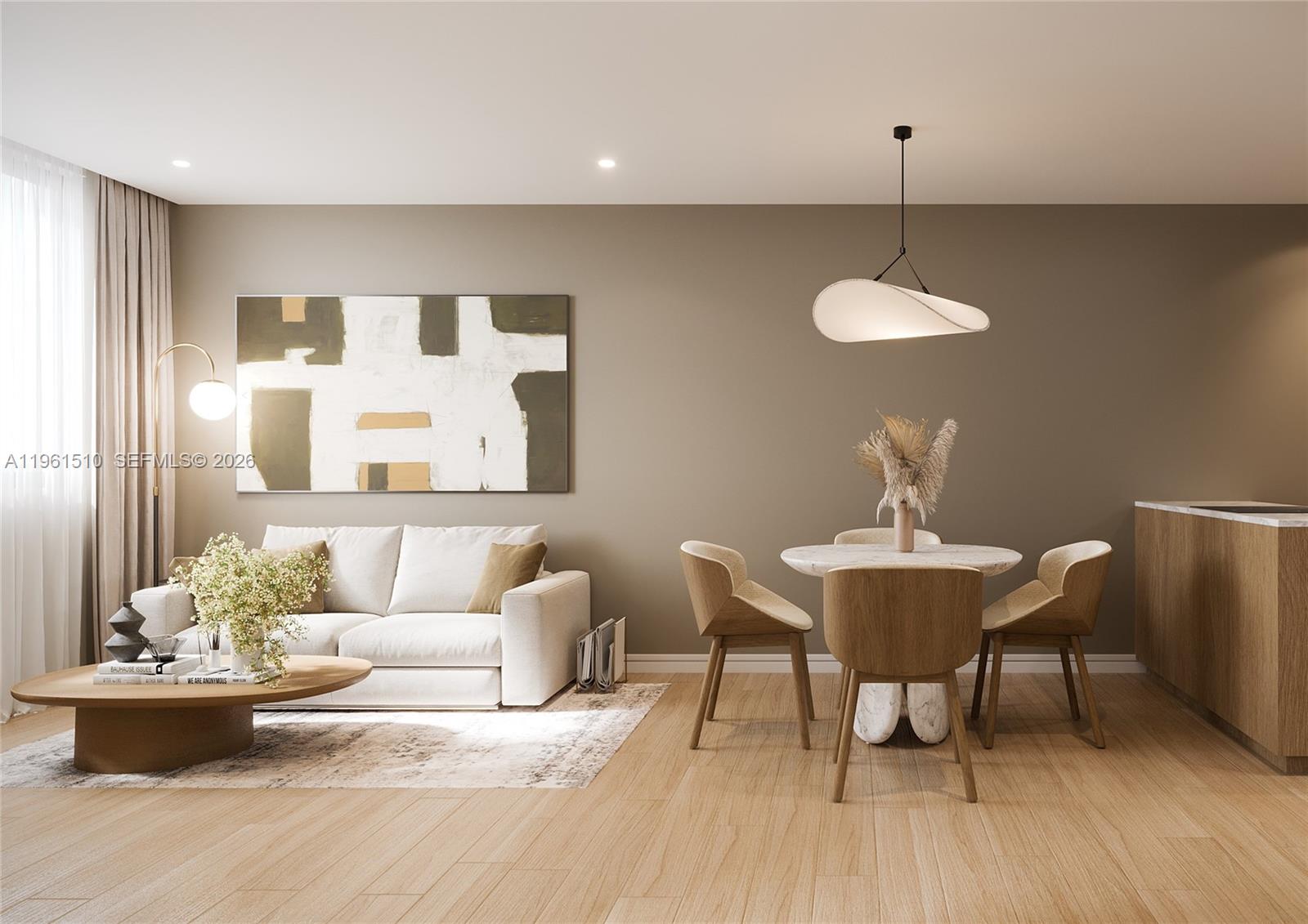 This is a rendering of a living and dining area with neutral tones and modern furniture — 1136 SW 3rd Ave # 609, Miami FL 33130, MIAMI, FL