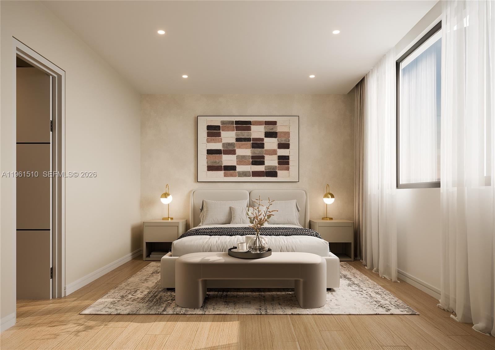 This is a rendering of a modern bedroom featuring a bed, nightstands, and a bench — 1136 SW 3rd Ave # 609, Miami FL 33130, MIAMI, FL