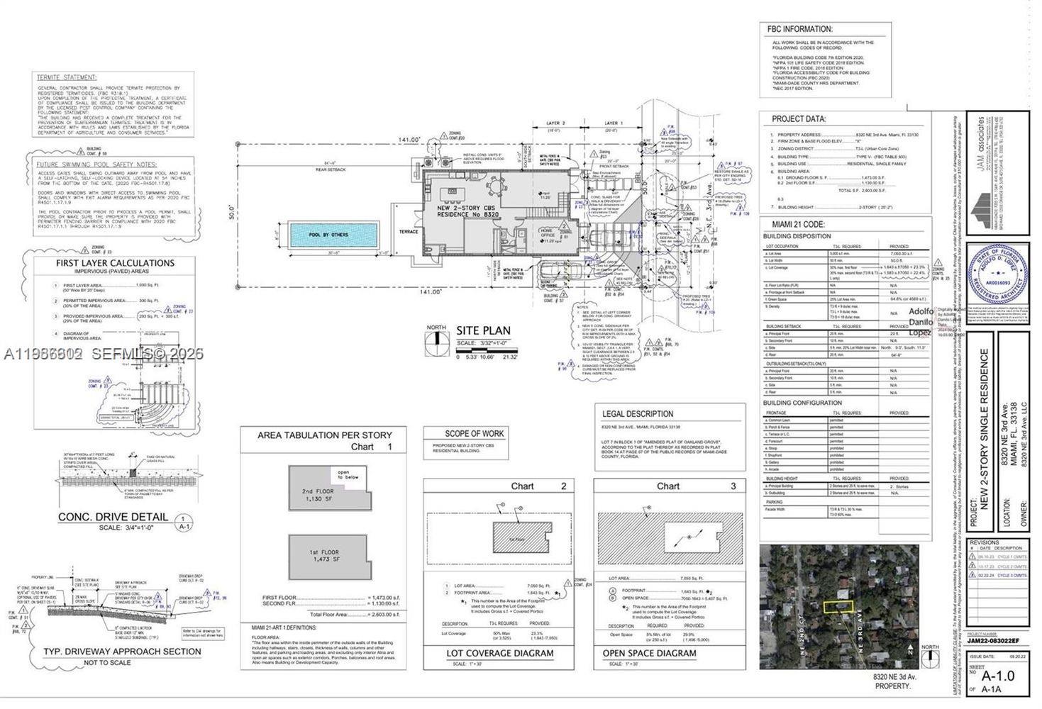 This is a site plan and architectural drawing for a two-story residential building project — 8320 NE 3rd Ave, Miami FL 33138, MIAMI, FL