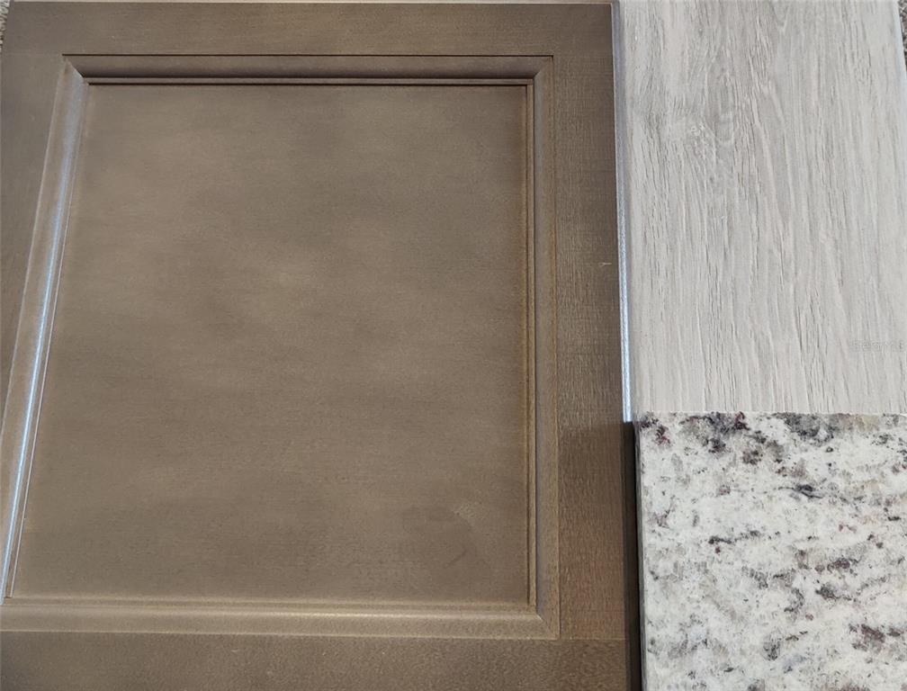 A cabinet door sample is displayed next to wood-look flooring and a granite countertop sample — 23 STATICE COURT, HOMOSASSA, FL