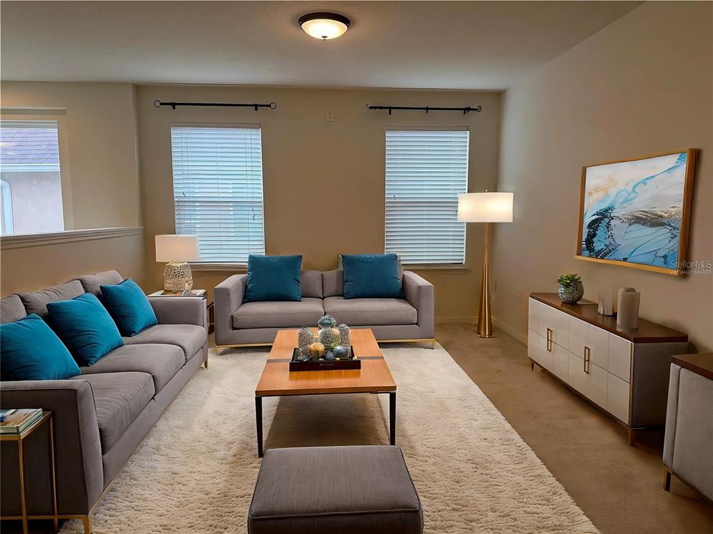 A living room features two gray sofas, a wooden coffee table, and a media console — 14741 SNOWY EGRET STREET, WINTER GARDEN, FL