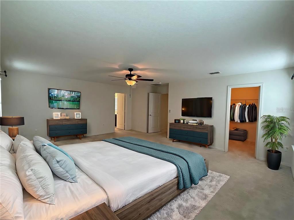 A spacious bedroom features a platform bed, two dressers, a ceiling fan, and a walk-in closet — 14741 SNOWY EGRET STREET, WINTER GARDEN, FL