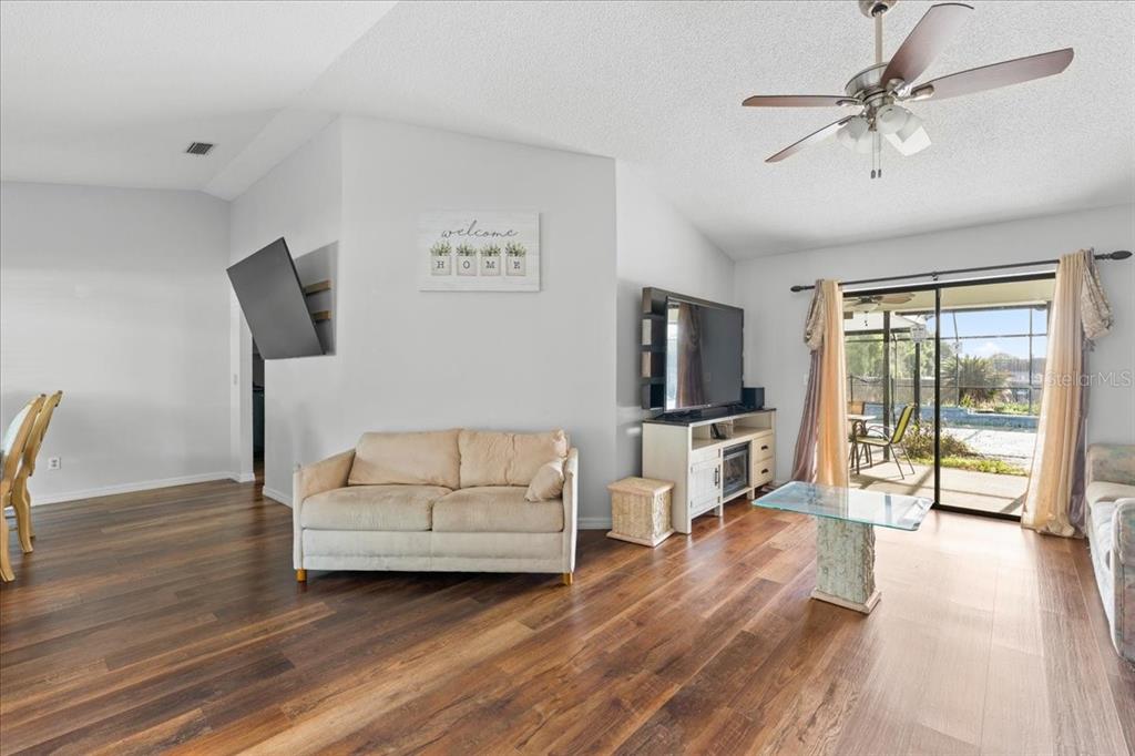 A living room features wood-look flooring, a beige sofa, a television console, and sliding glass doors — 905 STRATFORD MANOR DRIVE, BRANDON, FL