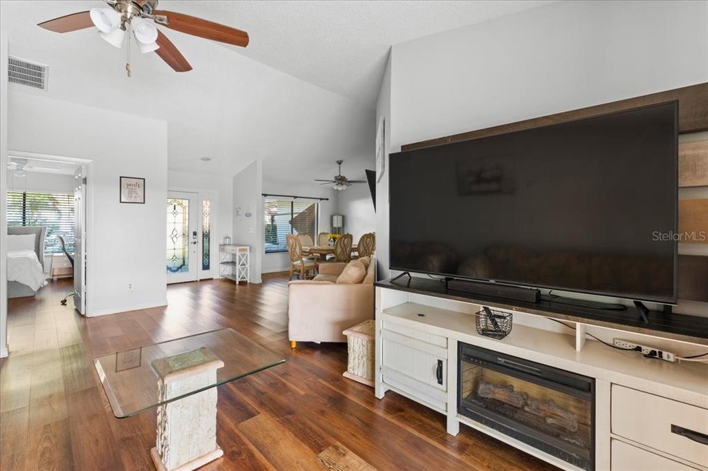 A living room with wood floors, a large television, and a fireplace console — 905 STRATFORD MANOR DRIVE, BRANDON, FL