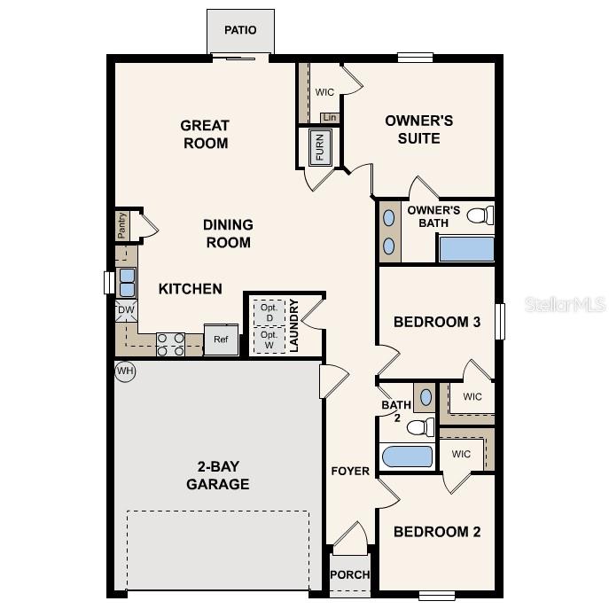 This is a floor plan for a single-story home with a two-bay garage — 3244 E ODIER STREET, INVERNESS, FL