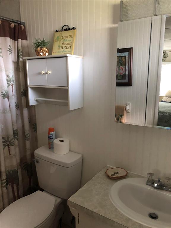 A bathroom features a toilet, a vanity with a sink, and a wall-mounted storage cabinet — 7545 FIRST CIRCLE DRIVE, BROOKSVILLE, FL